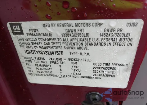 2003 GMC Envoy Sle из США, поврежденный, VIN 1GKDT13S132341576